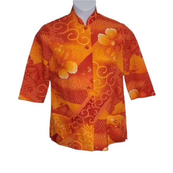 VINTAGE 60s Hawaiian print top orange floral‎ button down shirt M - Picture 1 of 9